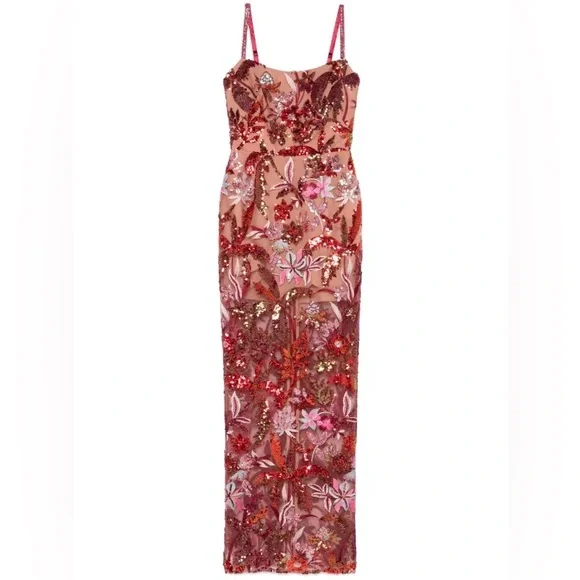 Bronx & Banco Dahlia Red Embroidered Sequin Maxi Gown Size S - Picture 3 of 4